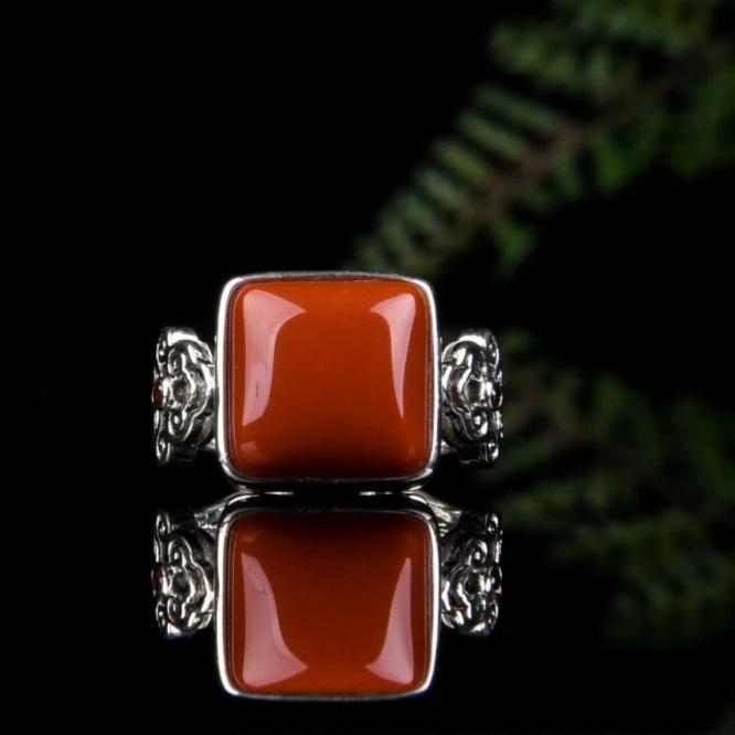 如意双全南红方形925银戒指