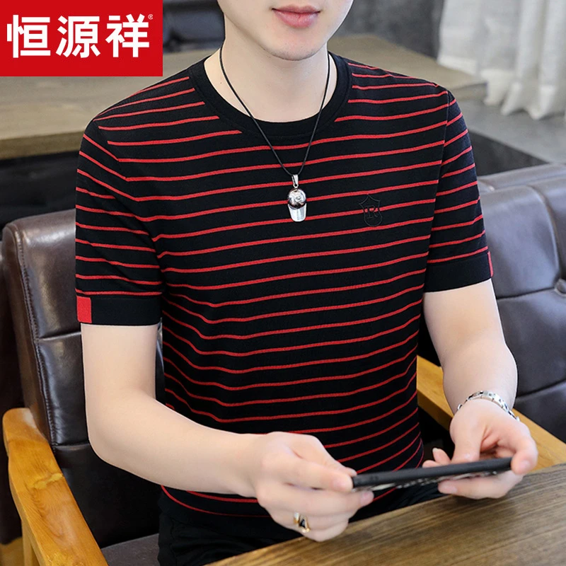 恒源祥集团彩羊夏季休闲高端针织体恤冰丝条纹短袖t恤男圆领弹力