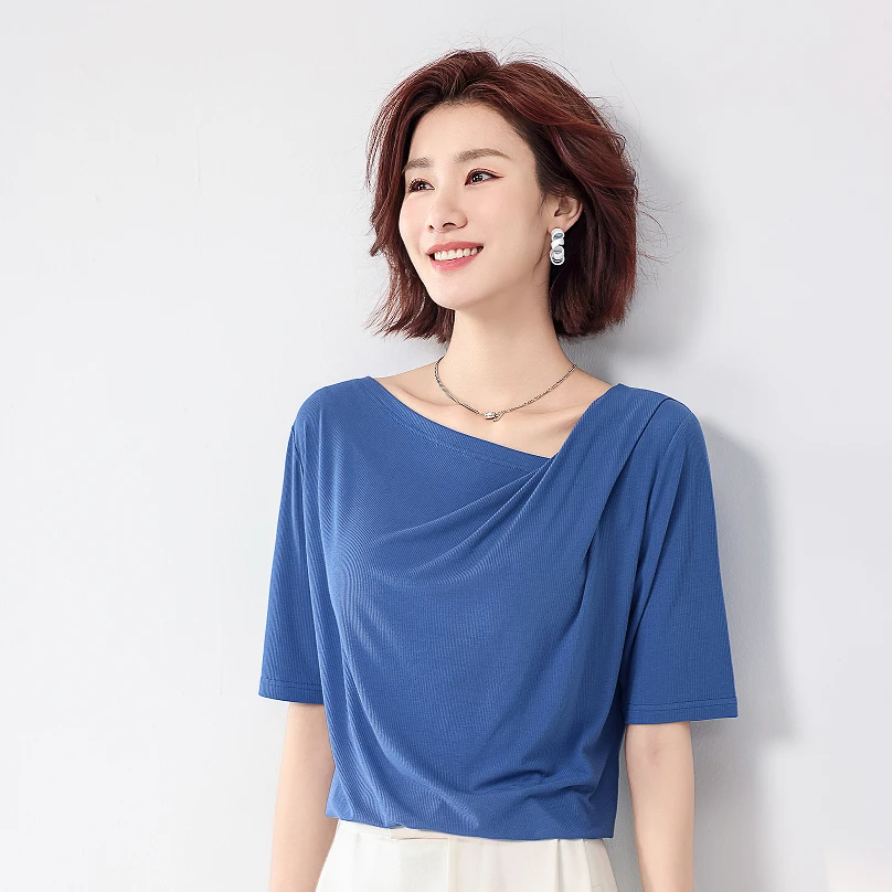 2024秋季显瘦百搭修身时尚法式T恤夏季桑蚕丝法式罗纹荡领T恤外穿
