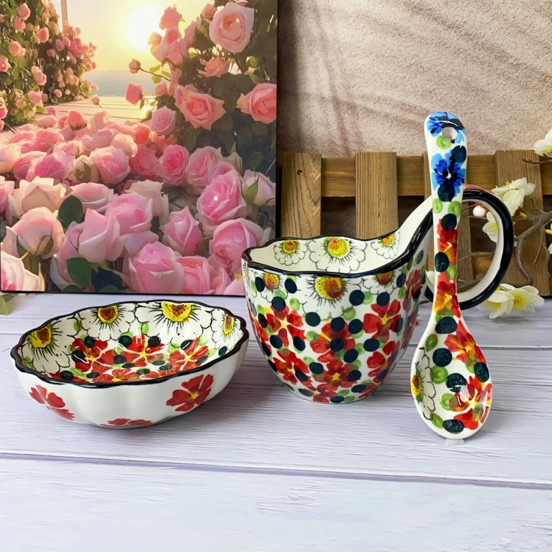 红堇系列曲把杯配碟配勺海外版纯手绘高温瓷工艺