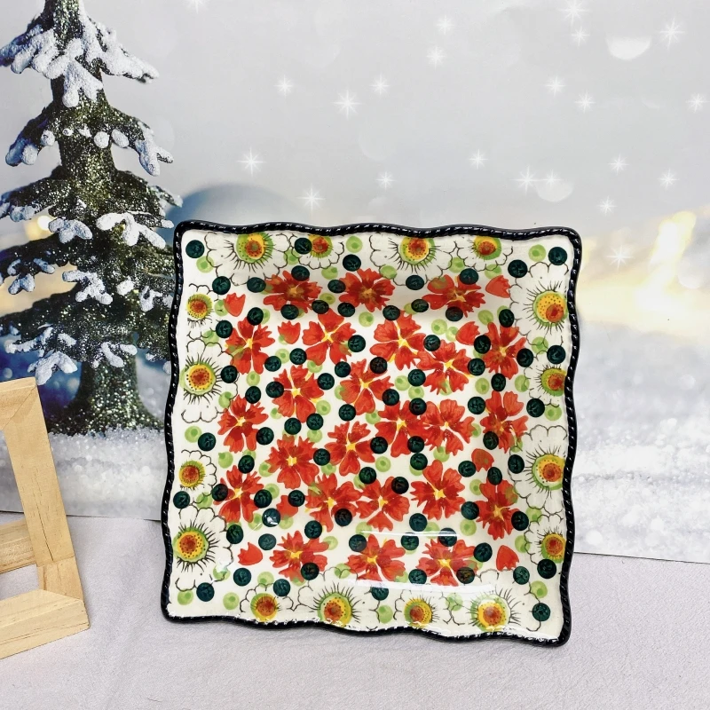 红堇系列8英寸绳边方盘小清新手绘釉下彩陶瓷餐具