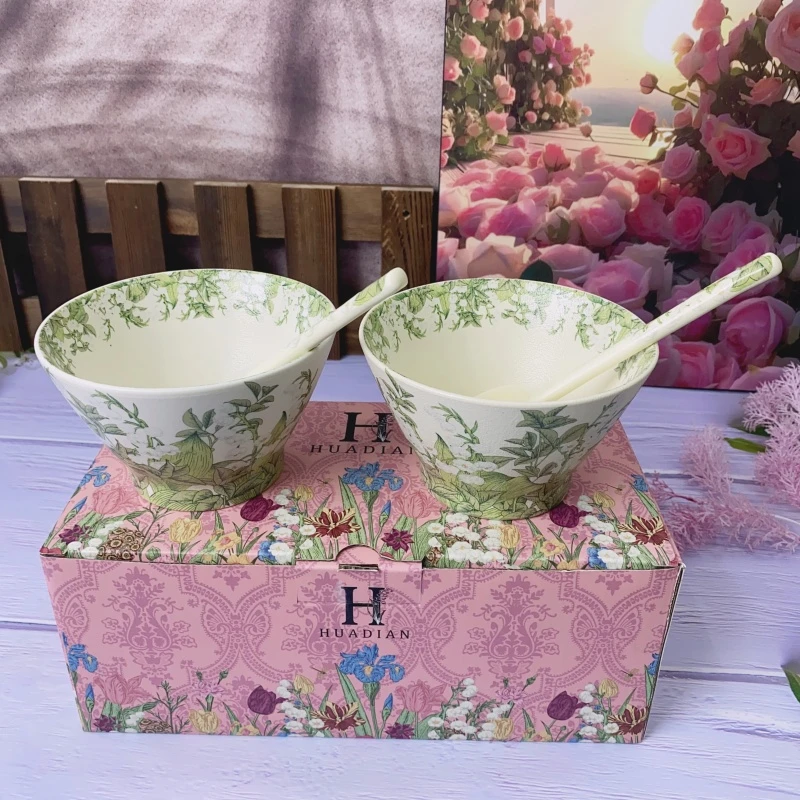 【曼朵朵】绿铃兰系列5英寸斗笠碗2碗2勺家用陶瓷