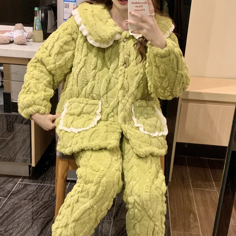 新款秋冬季睡衣女士珊瑚绒三层夹棉加厚翻领开衫保暖家居服两件套