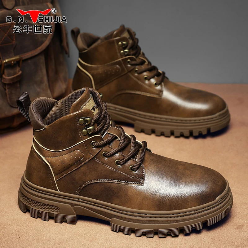 公牛世家马丁靴男款秋冬英伦风厚底防滑耐磨户外复古工装皮鞋男士