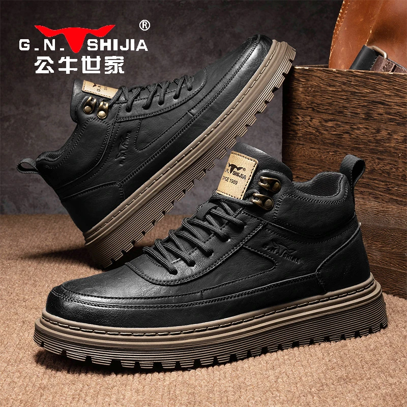 公牛世家马丁靴男款高帮皮鞋秋冬新款英伦复古户外厚底工装靴男士