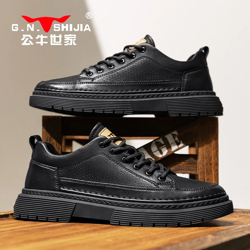 公牛世家休闲皮鞋男秋季复古上班工作男鞋户外耐磨低帮马丁靴男士