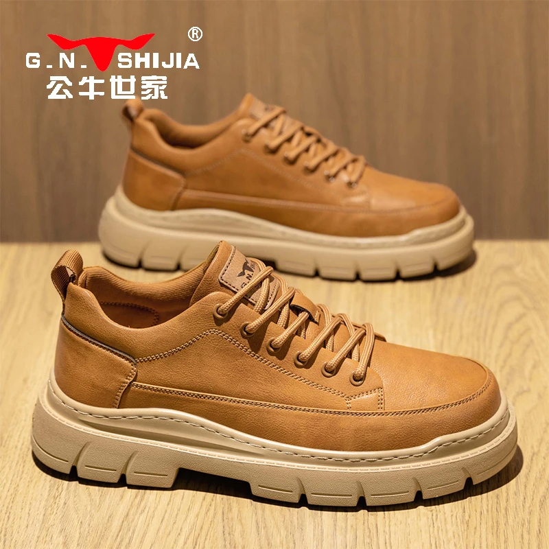 公牛世家男鞋秋冬软底休闲皮鞋男士复古户外板鞋软底低帮马丁靴男