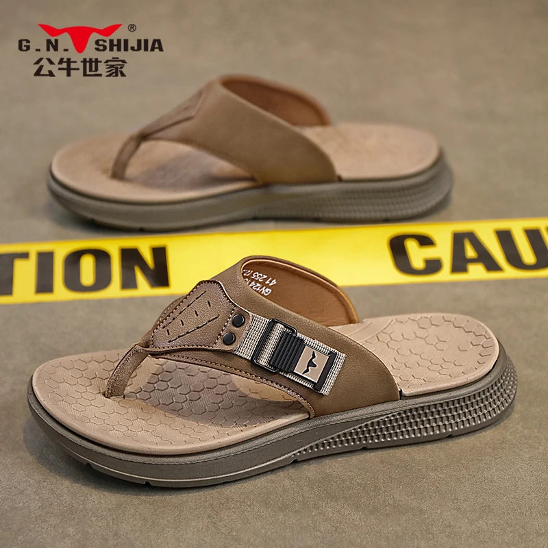 公牛世家人字拖男士夏季外穿防滑耐磨夹脚户外越南沙滩皮凉拖鞋男