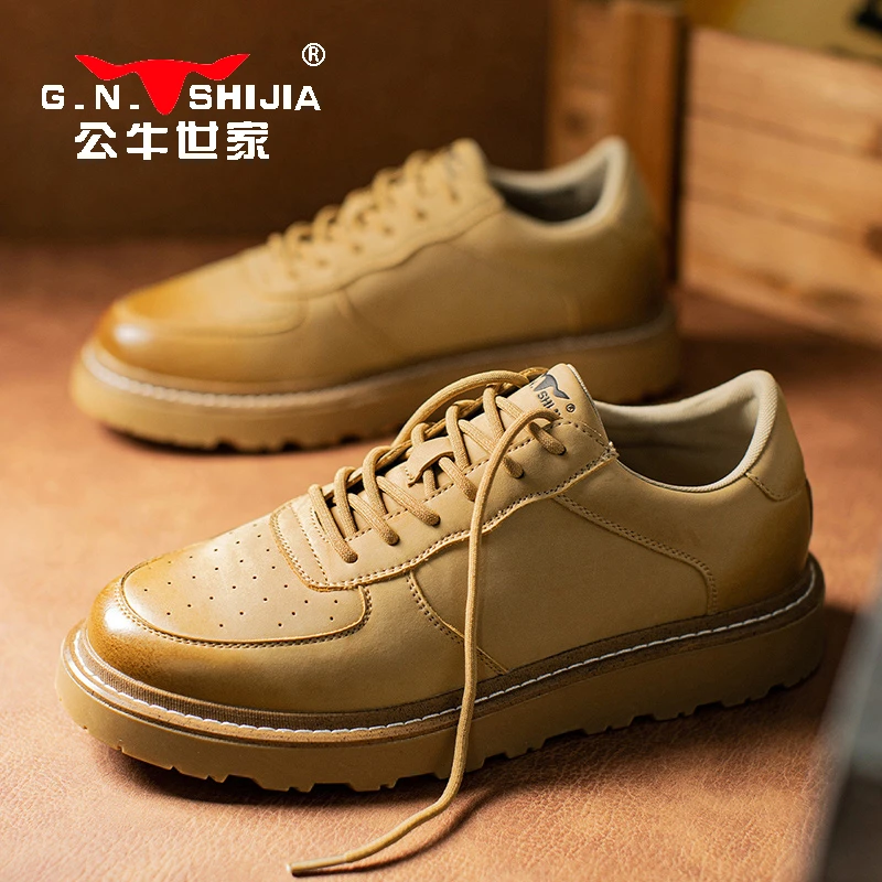 公牛世家厚底男鞋秋季防滑运动皮鞋男士英伦休闲增高复古工作板鞋