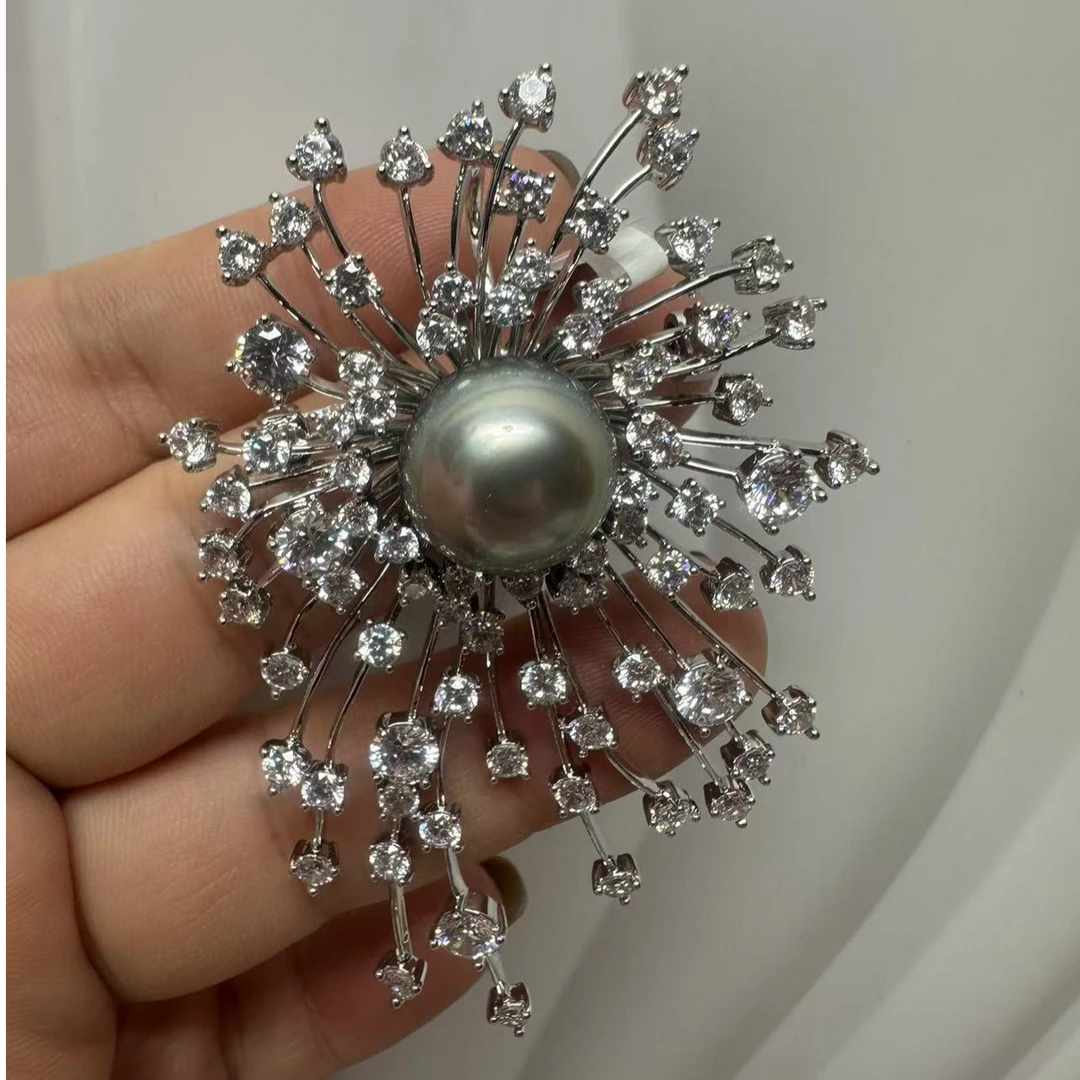 禧家天然海水珍珠大溪地13.7mm+合金胸花(吊坠)时尚气质百搭