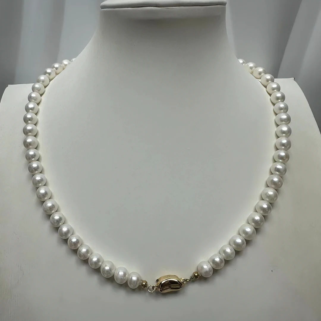 禧家天然淡水珍珠白色6.5-7.5mm近圆+S925银扣头气质项链时尚百搭