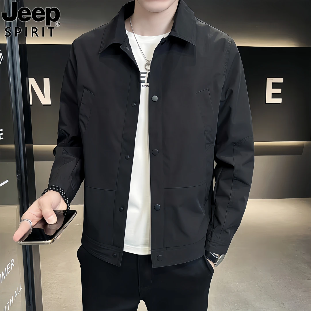 Jeep吉普新款男士翻领行政夹克外套时尚春秋潮流修身韩版休闲上衣