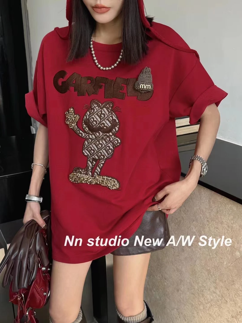 欧货重工刺绣加厚磨毛中长款宽松秋冬短袖女甜美减龄上衣潮加菲猫