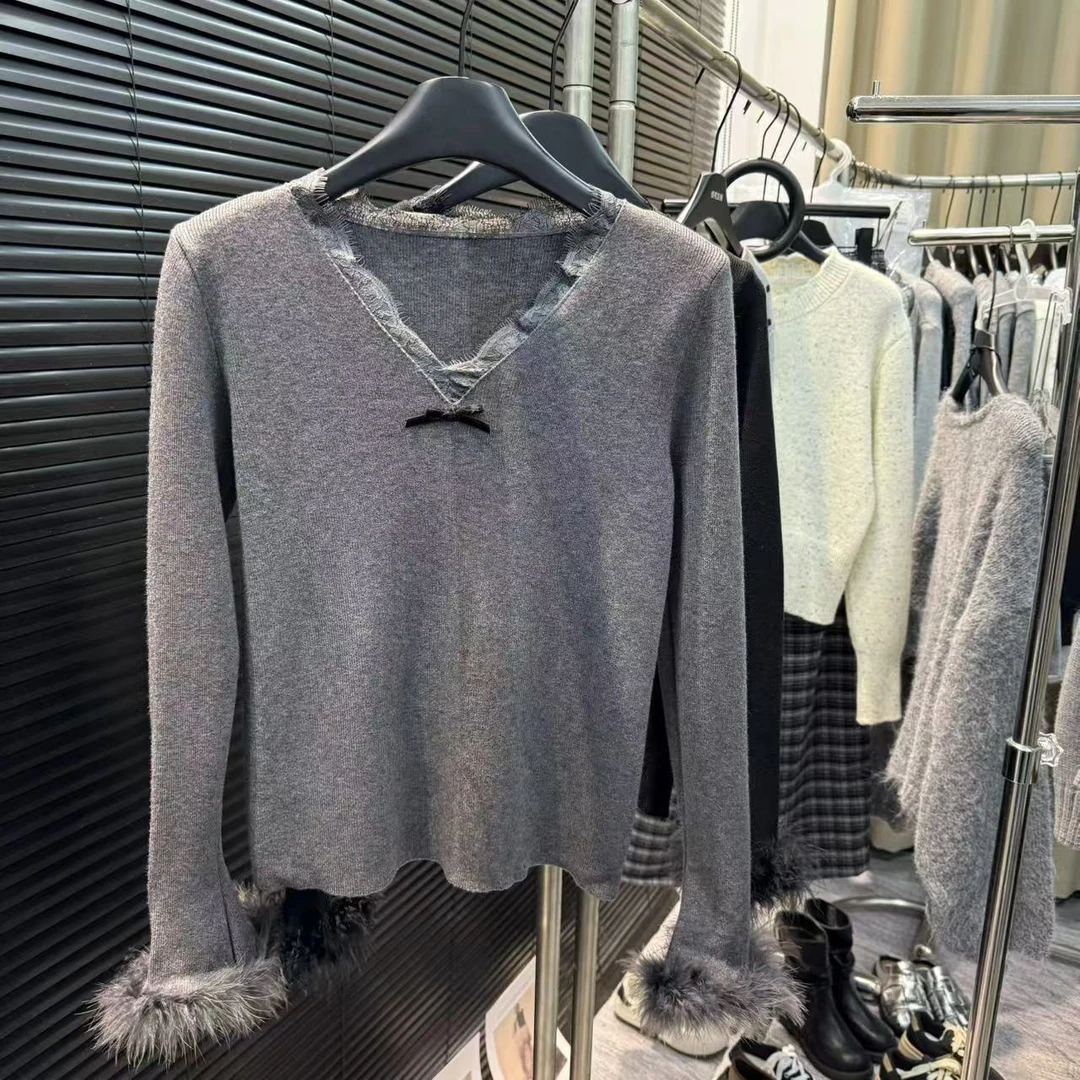 【蕾丝花边V领蝴蝶结毛边袖口】秋冬韩系甜美秋冬减龄针织上衣009