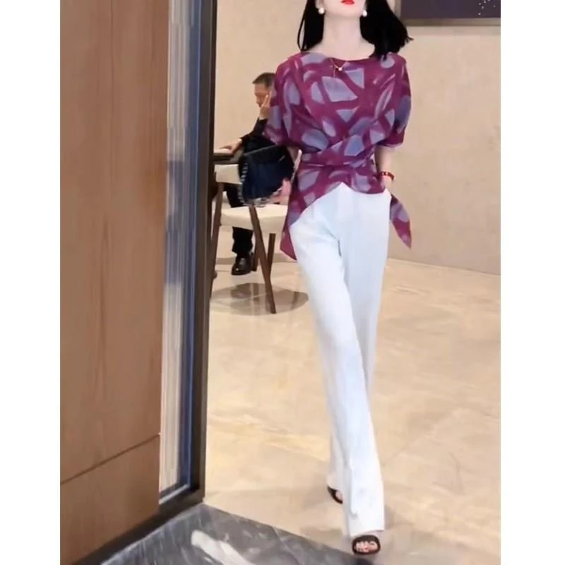 【万达撤柜】233752024夏季新款潮流名媛印花衬衫女个性系带显瘦潮