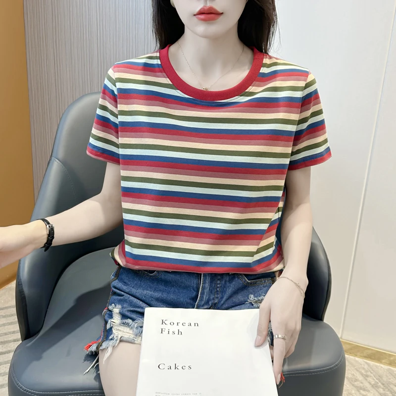 彩虹条撞色圆领T恤百搭休闲宽松时尚显瘦女士打底衫高档次打底衫