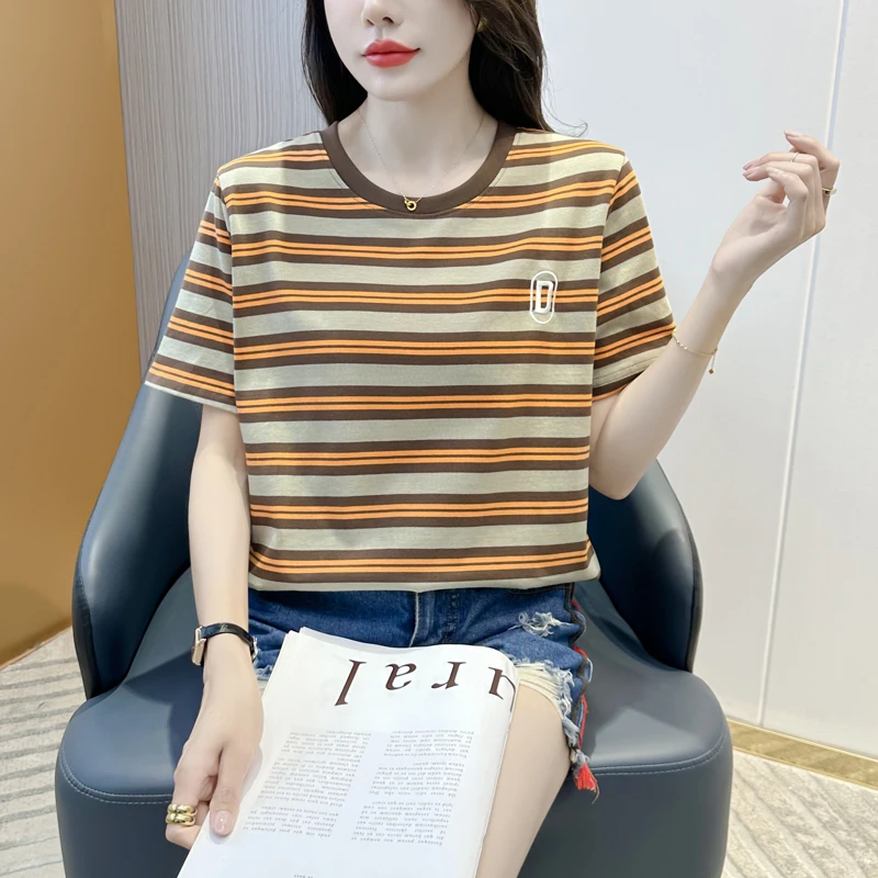 撞色刺绣条T恤圆领宽松百搭气质时尚女士上衣夏季潮流YH-111-0617