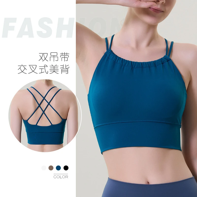 新品高端莱卡性感交叉美背运动内衣女一体式胸垫裸感lulu瑜伽背心