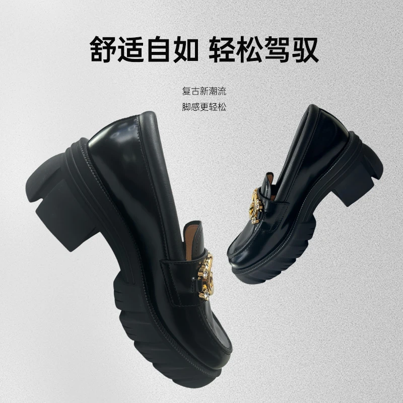 未使用 GUCCI/古驰 黑色女款舒适百搭复古厚底英伦风乐福鞋