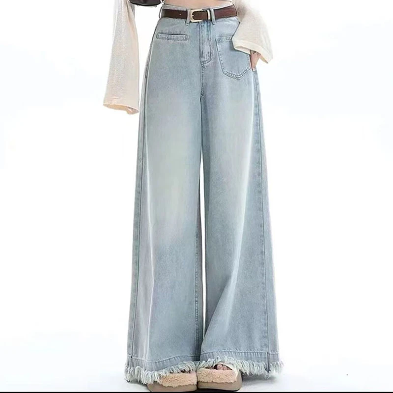默认瑕疵-工厂店专属-201-400宽松褶皱显瘦拖地阔腿牛仔长裤女