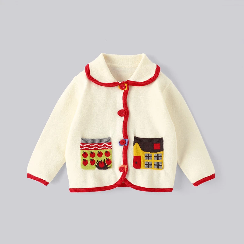 儿童针织开衫春秋女童可爱卡通口袋翻领毛衣A类棉长袖外套款毛衣