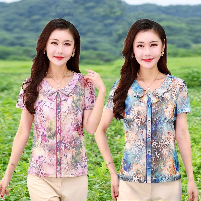 夏季中年女士时尚妈妈装显瘦洋气弹力印花台湾网纱速干T恤