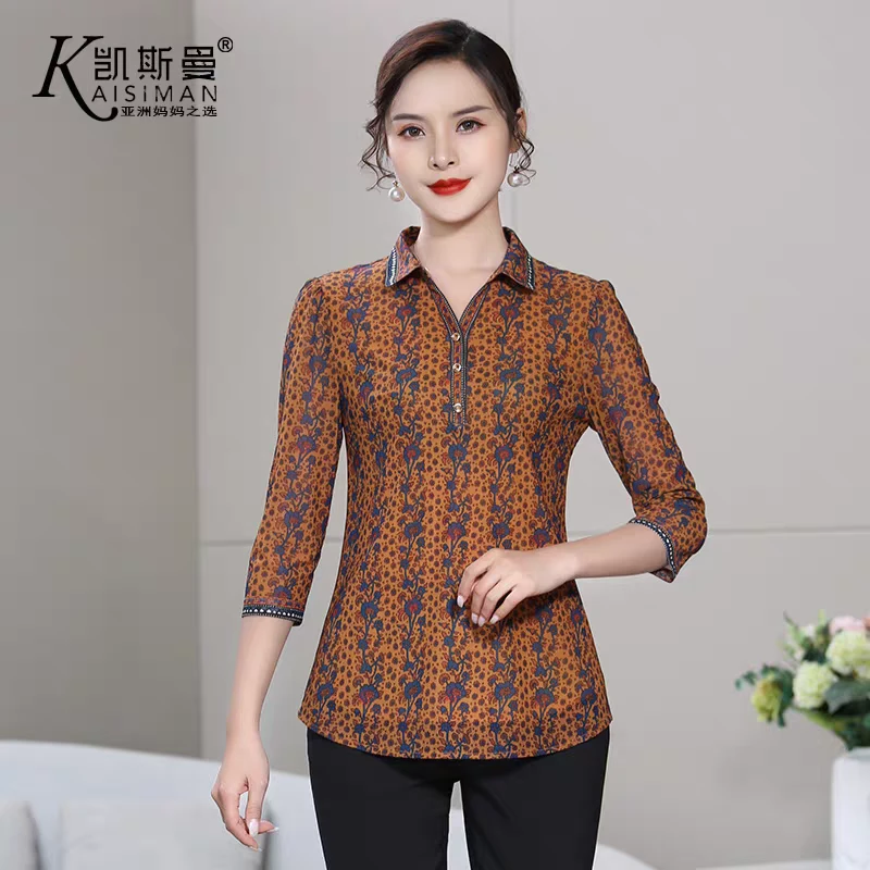 妈妈装七分袖中老年女装复古春夏中袖时尚洋气小衫碎花