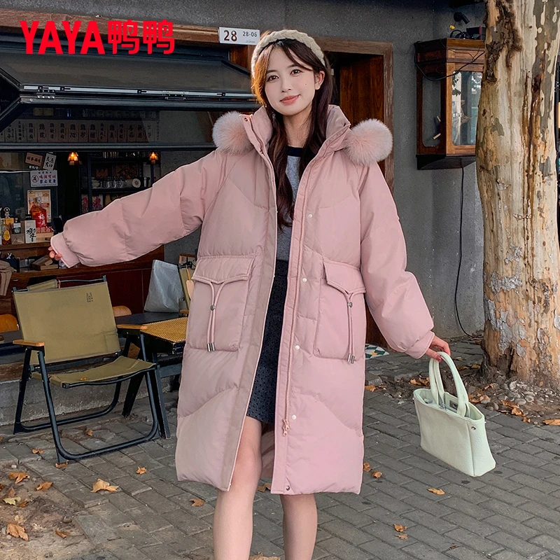 YAYA/鸭鸭羽绒服女中长款狐狸毛领休闲保暖过膝厚外套YE3B633683X