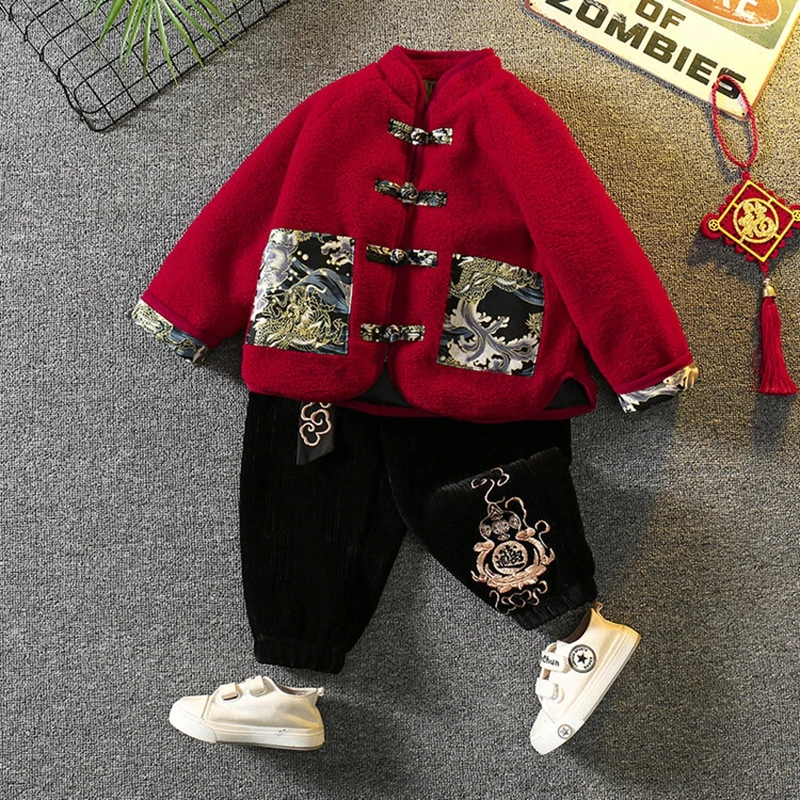 男童拜年服冬季2024龙年红色儿童过年喜庆国风衣服宝宝新年中国风