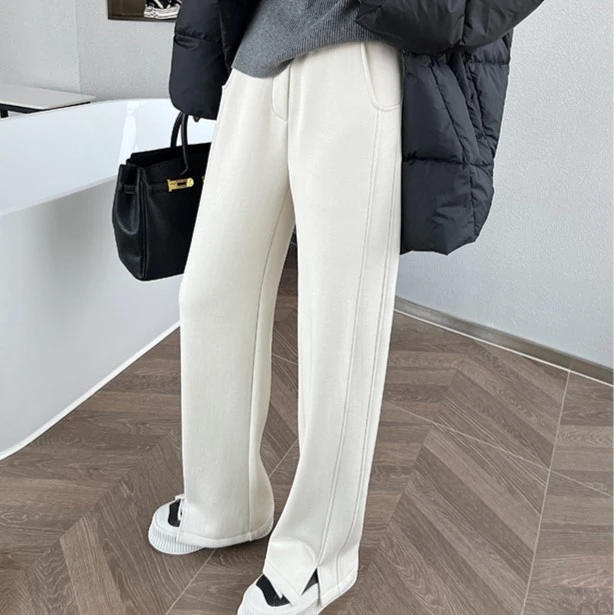 Lulupeach 白色阔腿裤女秋冬加绒开叉显瘦直筒裤高腰宽松糯米裤
