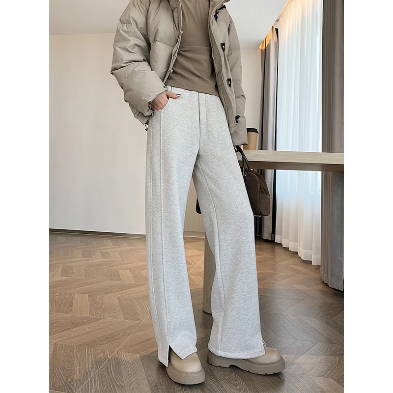 Lulupeach 人字纹毛呢阔腿裤女2025新款秋冬加绒开叉直筒垂感加厚