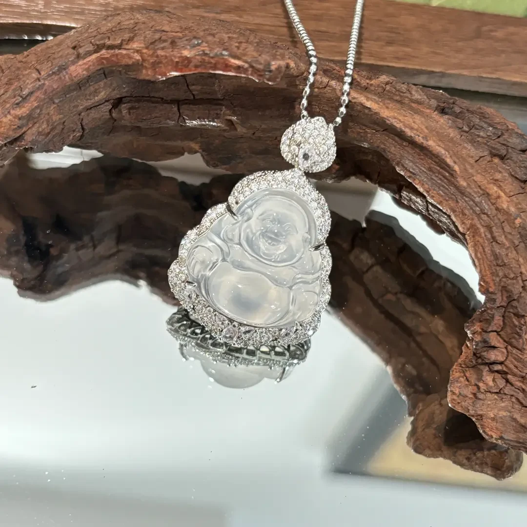 天然高冰玉髓精致镶边大肚佛公轻奢玛瑙新中式贵气玉石吊坠