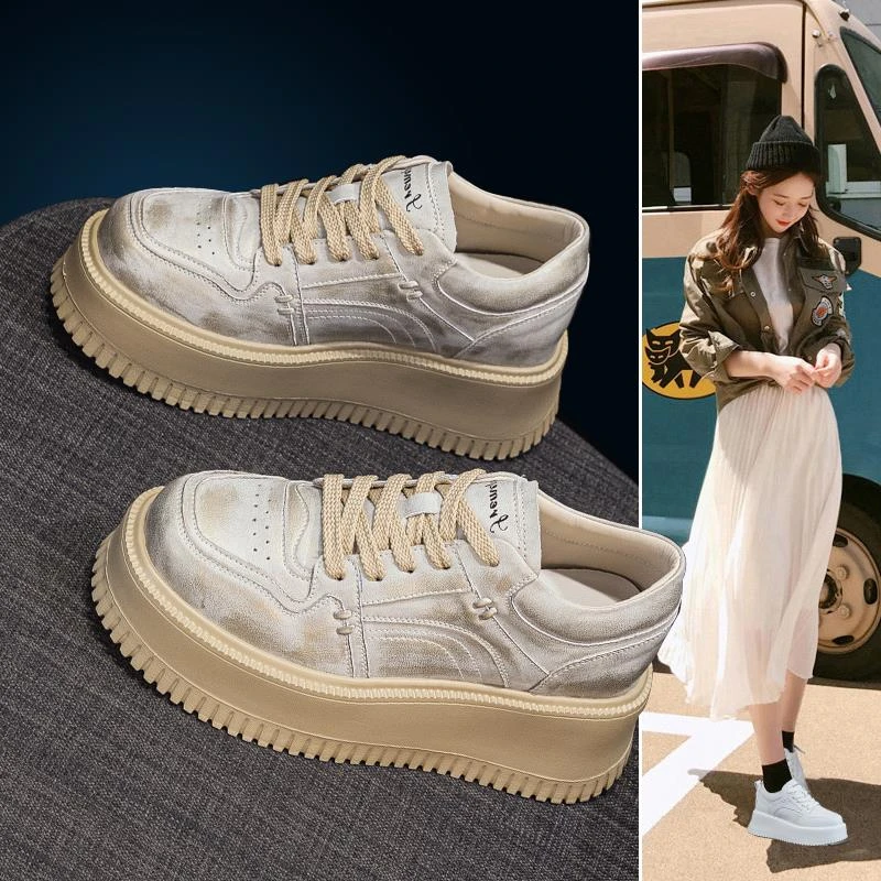 万达撤柜头层牛皮2024秋季新款厚底休闲板鞋松糕鞋女小白鞋内增高