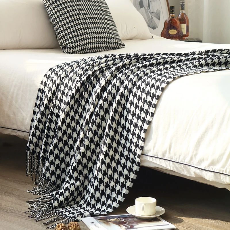 轻奢黑白千鸟格毯酒店民宿床尾毯床旗宾馆床搭巾沙发毯民宿床尾巾