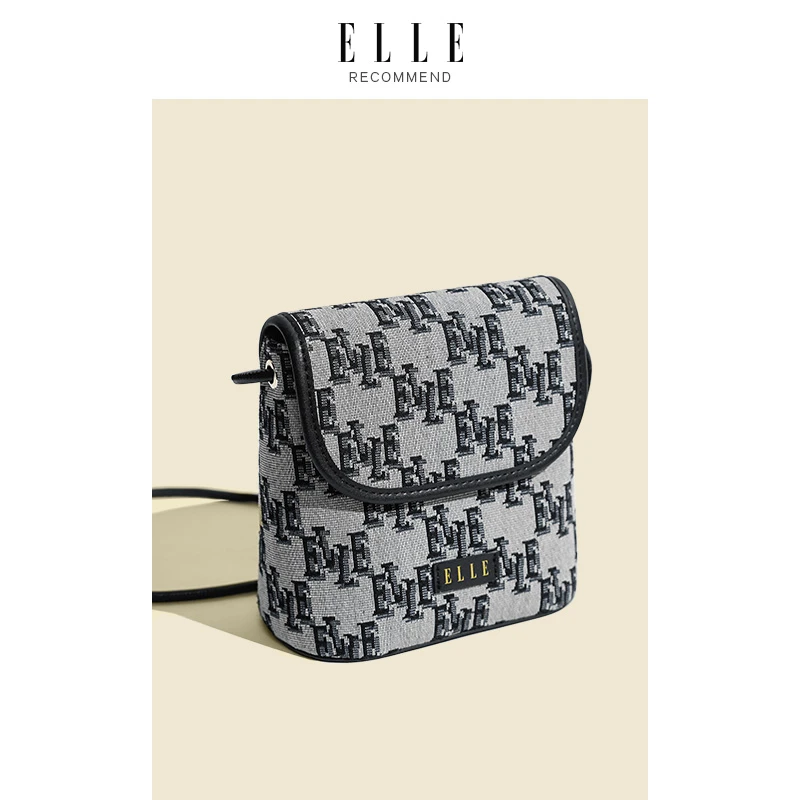 ELLE品牌秋冬新款时尚老花水桶包单肩包百搭斜挎小包包印花46002