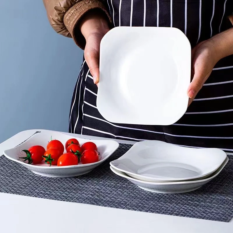 纯白8英寸如意方盘4个装景德镇盘子餐具釉下彩网红家用餐盘菜盘