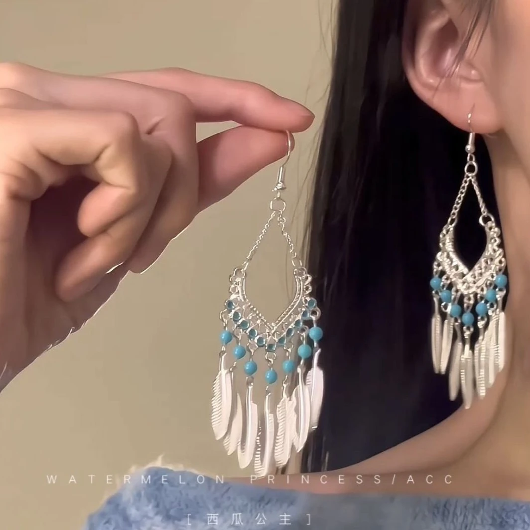民族风长款流苏耳环女小众设计感波西米亚风无耳洞耳夹度假风耳钉