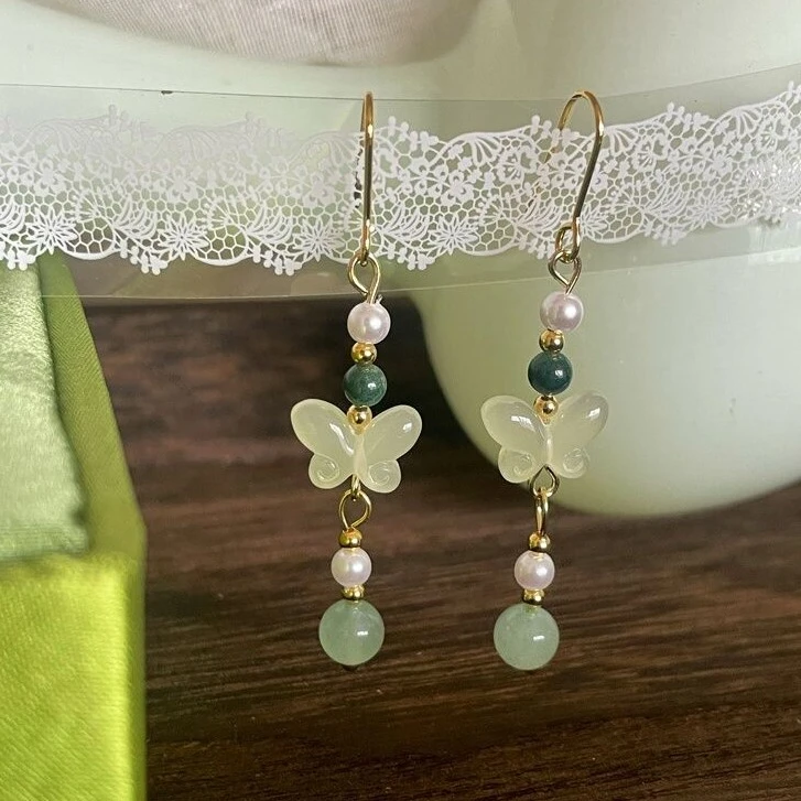 新中式复古国风蝴蝶耳坠长款串珠珠珠流苏耳环汉服旗袍耳钉女