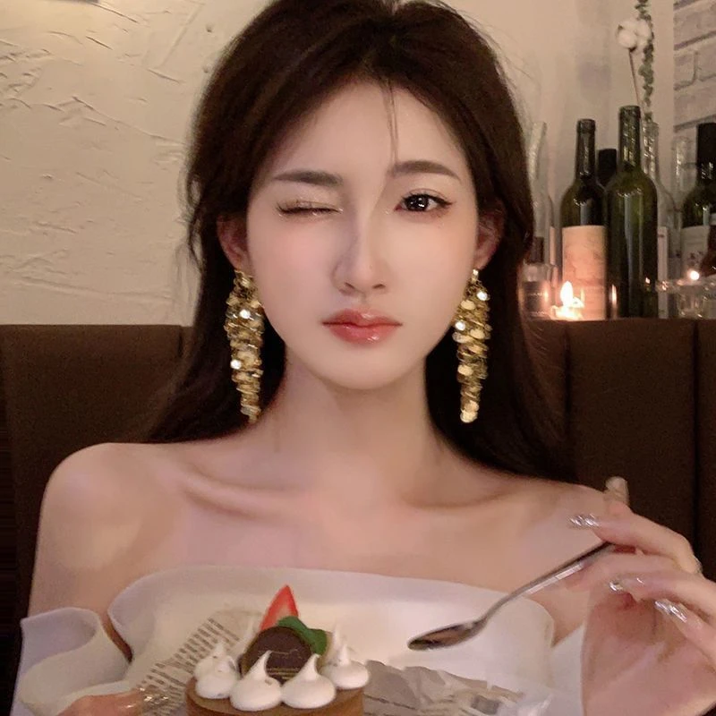 合金亚克力耳饰 小众设计金属亮片流苏耳环轻奢时尚百搭新款耳饰