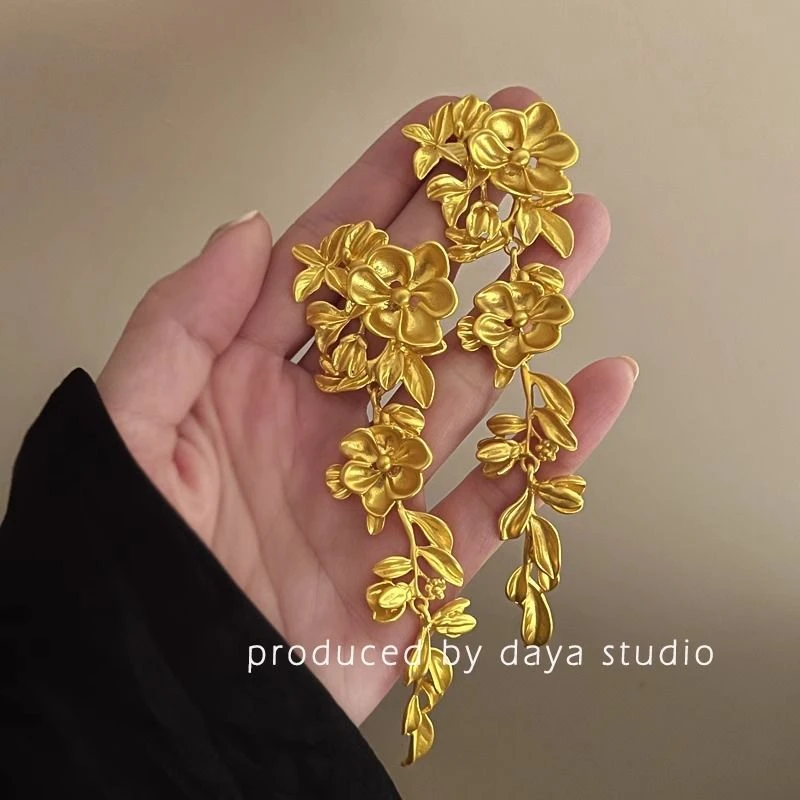 花枝剪影 夸张法式复古金属花朵流苏耳环轻奢高级感小众气质耳钉