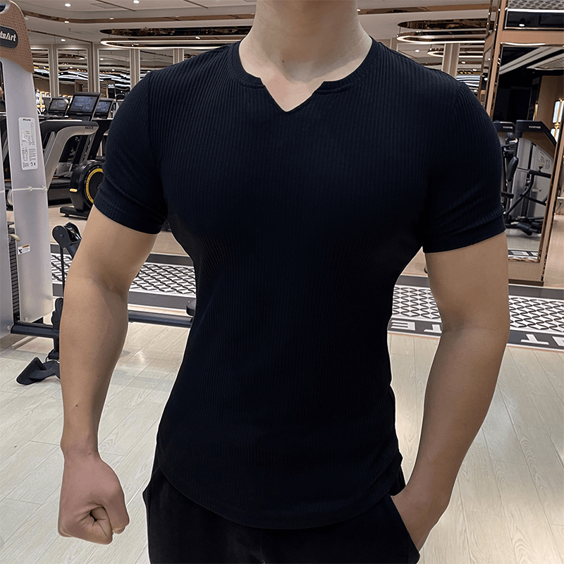 V领紧身衣男运动短袖弹力健身训练T恤跑步休闲纯色修身硬汉打底衫