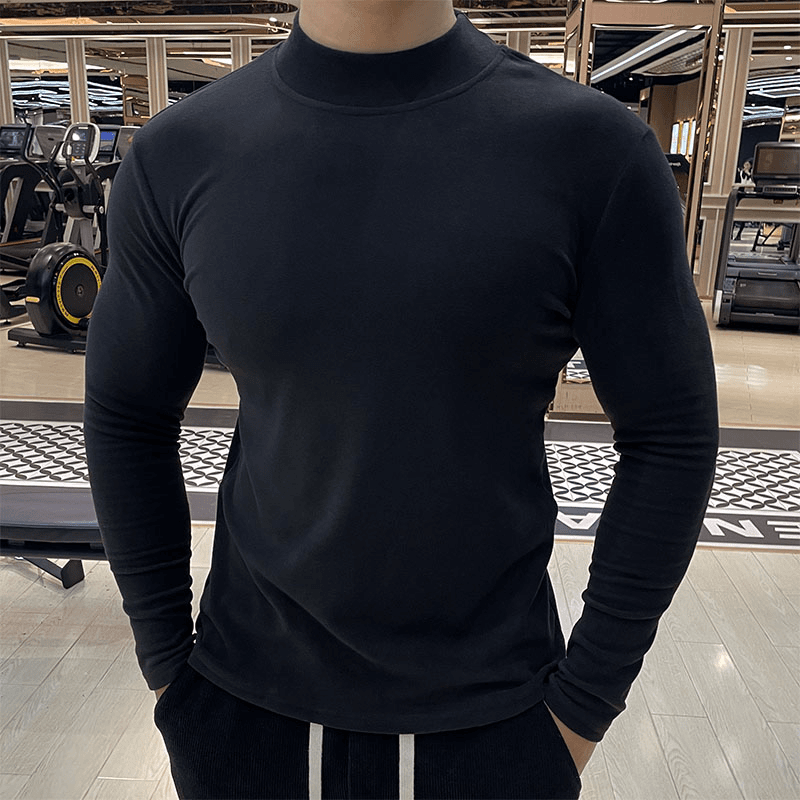双面德绒保暖修身半高领长袖男弹力健身衣纯色运动T恤秋冬打底衫