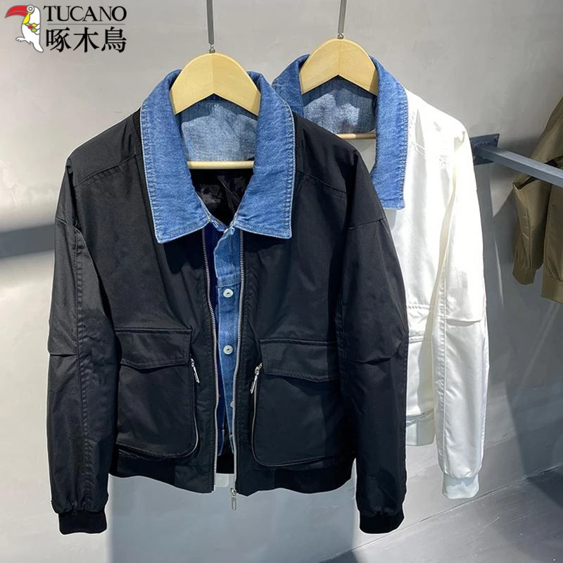 啄木鸟春装外套男春秋季2024新款假两件潮流青年牛仔夹克翻领男装
