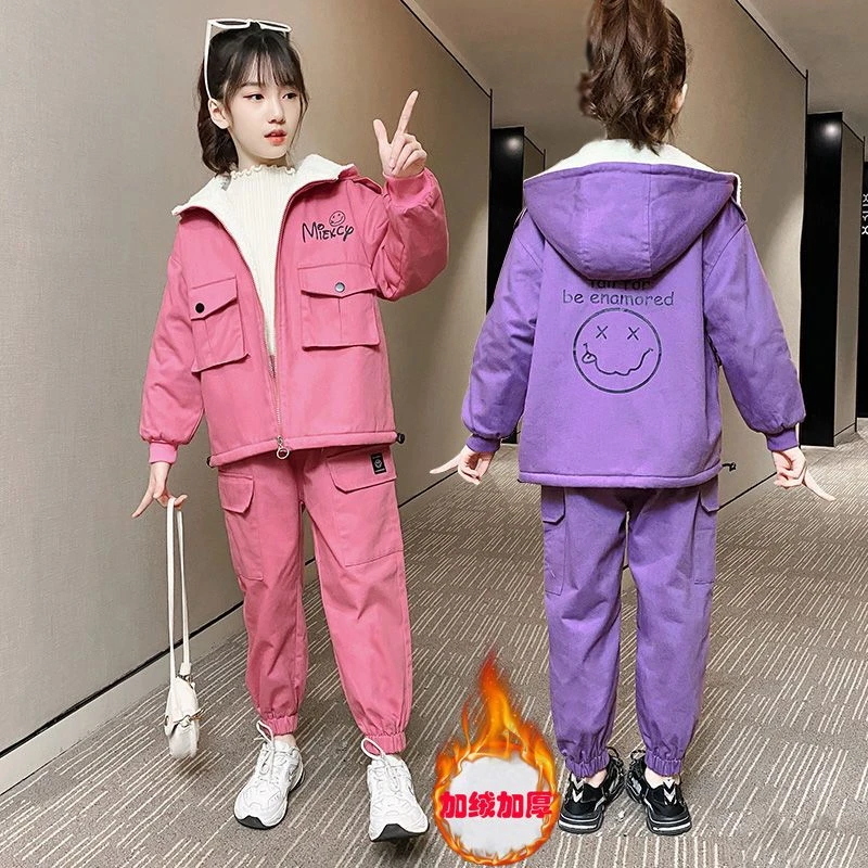 女童秋冬加绒套装5-13岁女孩中大儿童加厚工装两件套冬装
