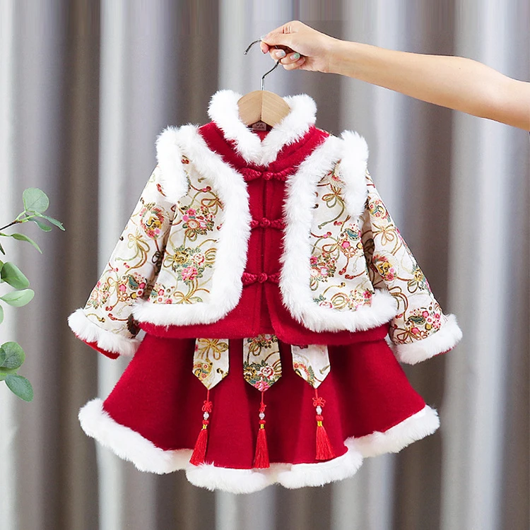 拜年服女童冬季汉服宝宝旗袍唐装中国风加绒加厚周岁礼服