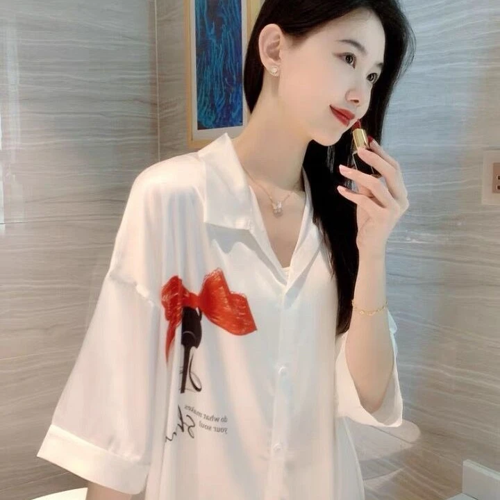 【红色蝴蝶结蕾丝性感】冰雪丝性感衬衫睡裙雪花丝家居服夏季透气