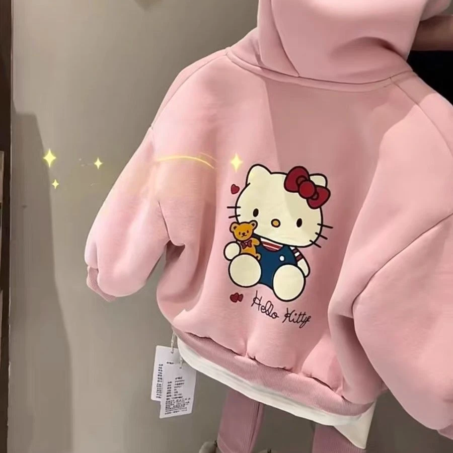 女童加绒外套秋冬装儿童连帽拉链开衫宽松女宝加厚hellokitty卫衣
