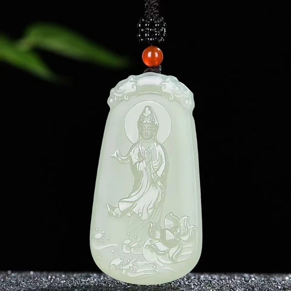 新疆青白色女士莲花观音吊坠男款站观音挂件手工雕刻挂件毛衣链