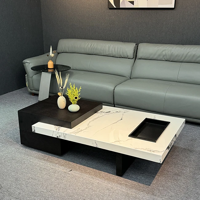 意式极简岩板长个性方形可拉伸茶几现代简约家用客厅烟熏木组合