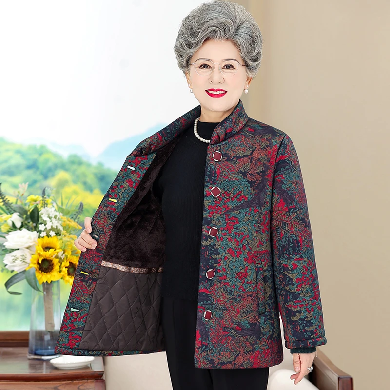 中老年女装冬季加绒棉衣大码妈妈装老太太加厚保暖立领棉袄奶奶装